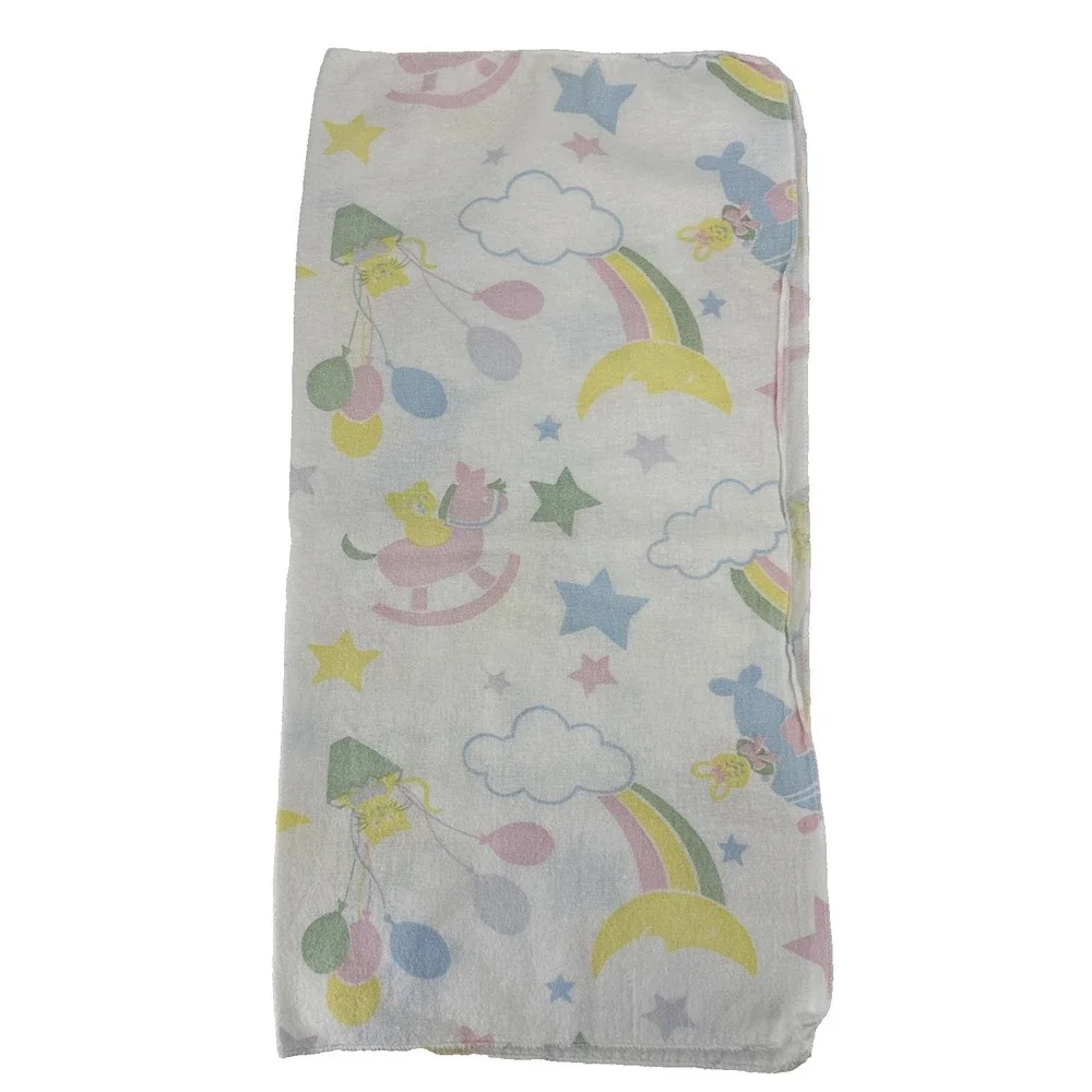 Vtg Beacon Rainbow Baby Blanket White Stars Balloon Bunny Plane Pastel Receiving